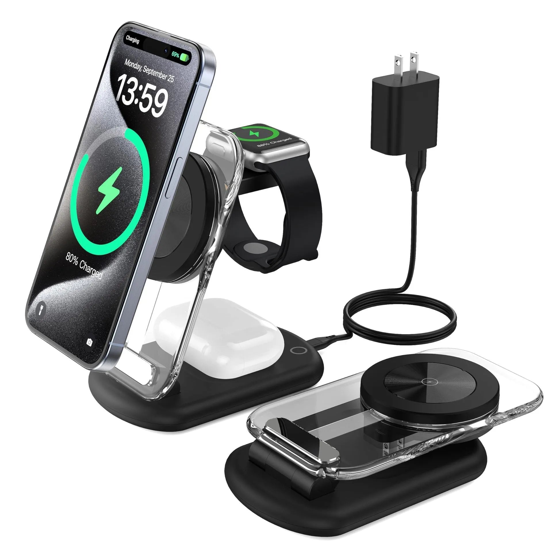 Transparent folding wireless charger with magnetic alignment charging three devices