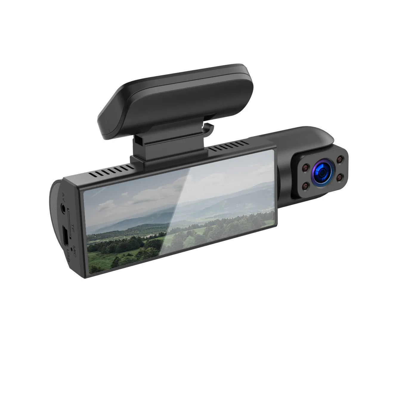 Dual-lens HD driving recorder with 3.5-inch LCD screen mounted in car