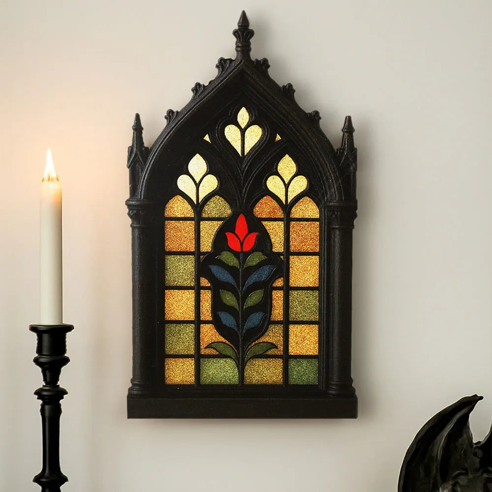 Black rustic wooden Gothic-style door frame wall rack for storage and decoration.