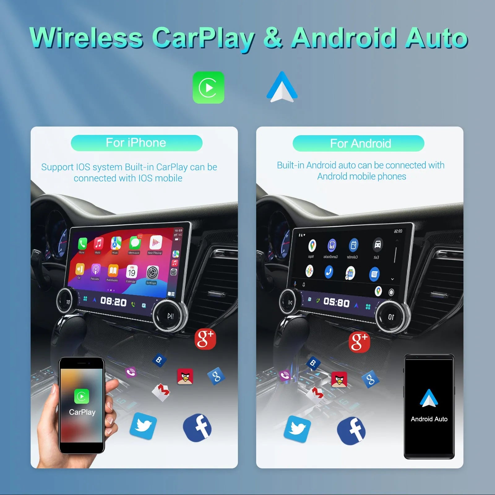 11.8-inch double knob Android car multimedia player with QLED screen and wireless CarPlay compatibility
