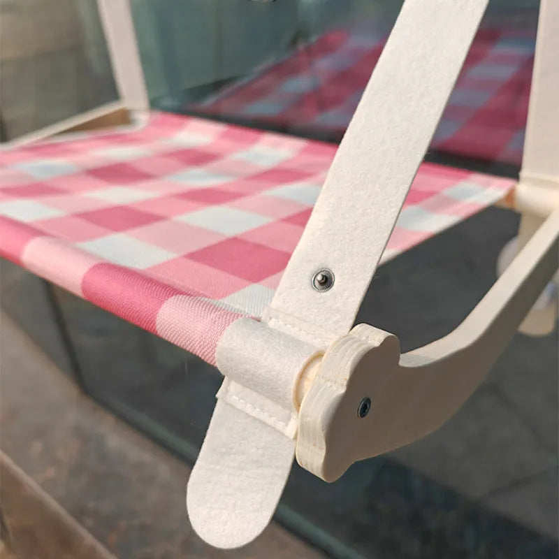 Wooden cat window hammock bed with suction cups mounted on glass, linen mat in green colour