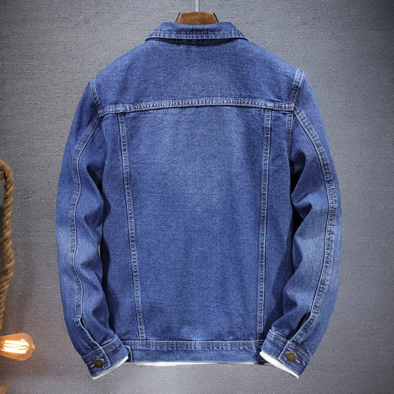 Men's denim coat in light blue or blue, loose cardigan style with round hem and side pockets, sizes M to 5XL