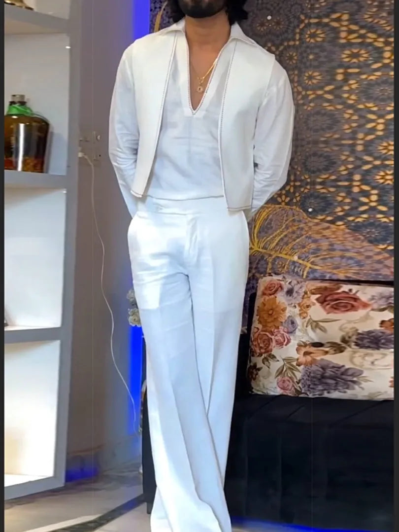 White polyester three-piece outfit with V-neck shirt, sleeveless vest, and regular-fit trousers.