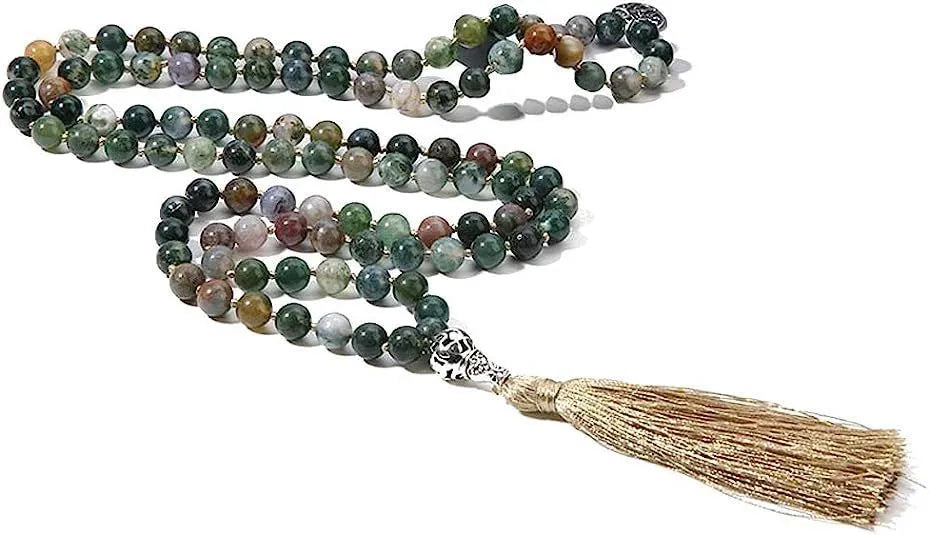 Handmade knotted beaded necklace with 108 stone pendants showing colour variations