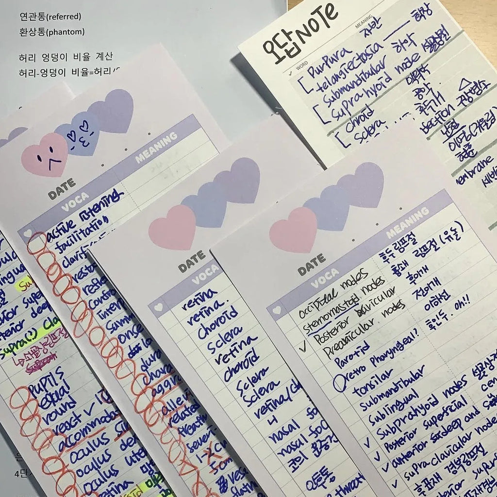 B5 half notepad with double-sided printing in blue cover, showing 9.1 x 25.7cm size and 30 sheets
