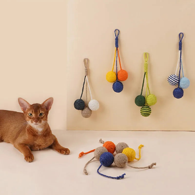 Cat toy set with 255mm teaser stick and bite-resistant catnip ball in blue, green, red, yellow colours