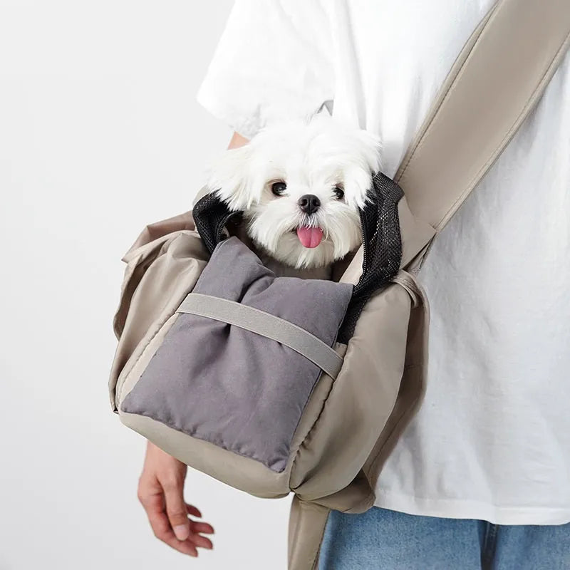 Apricot cloth pet handbag with dimensions 41x16x28cm showing adjustable straps and breathable fabric construction
