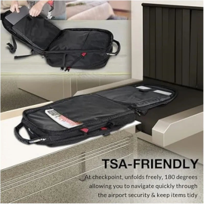 Large unisex USB charging backpack in black, showing front design and curved shoulder straps.