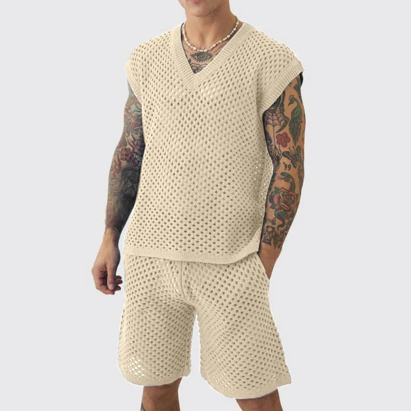 Men's blue V-neck sleeveless vest and matching shorts sports set laid flat.