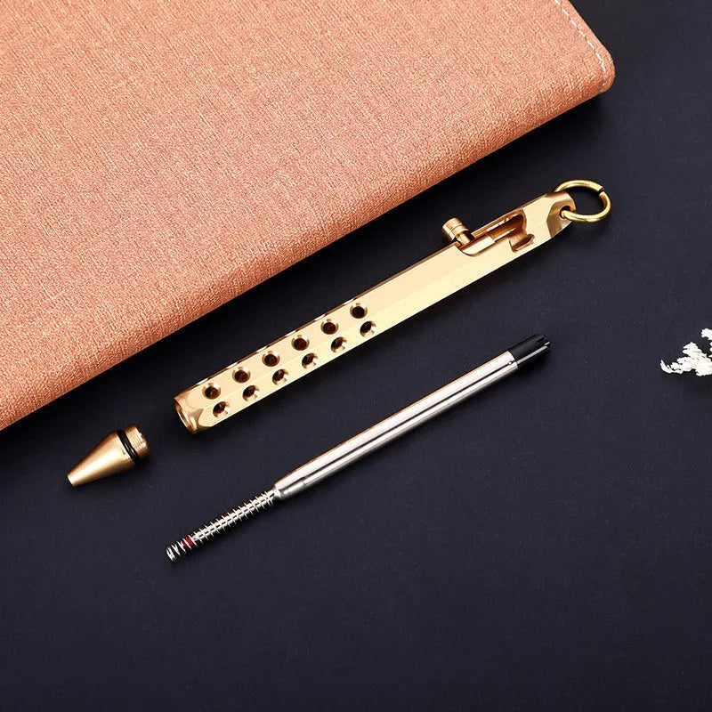Brass hexagonal bolt roller pen with 0.5mm tip, 13cm length, and retro black refill option.