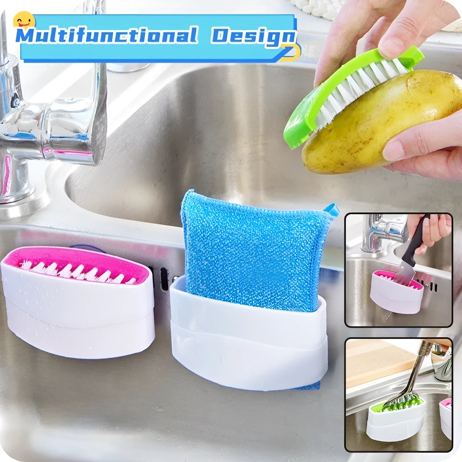 Coloured kitchen brush with knife and fork design and a white suction cup on its handle.