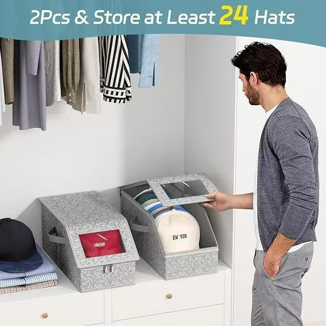 Grey foldable storage box for baseball caps and organisation measuring 42cm by 22cm by 17cm