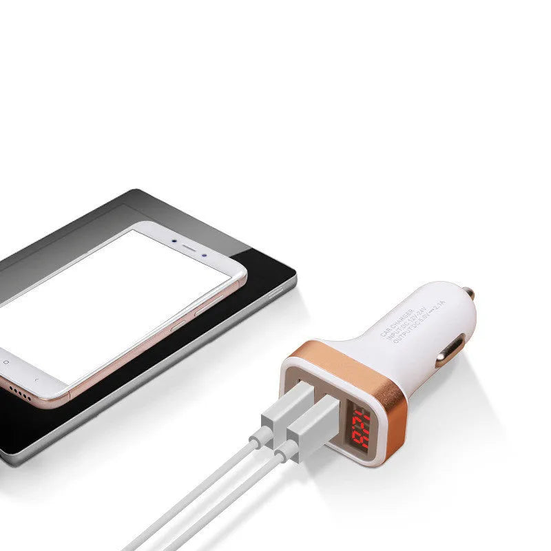 Gold digital display car charger showing voltage reading with USB port for device charging