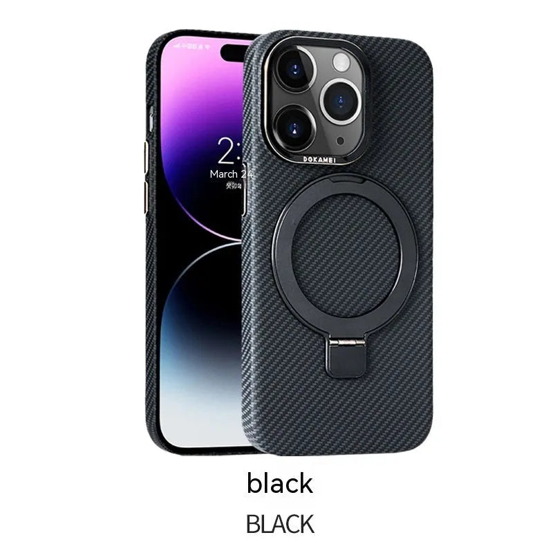 Carbon fibre iPhone case with magnetic bracket in graphite black, compatible with Apple iPhone 13 to 15 Pro Max