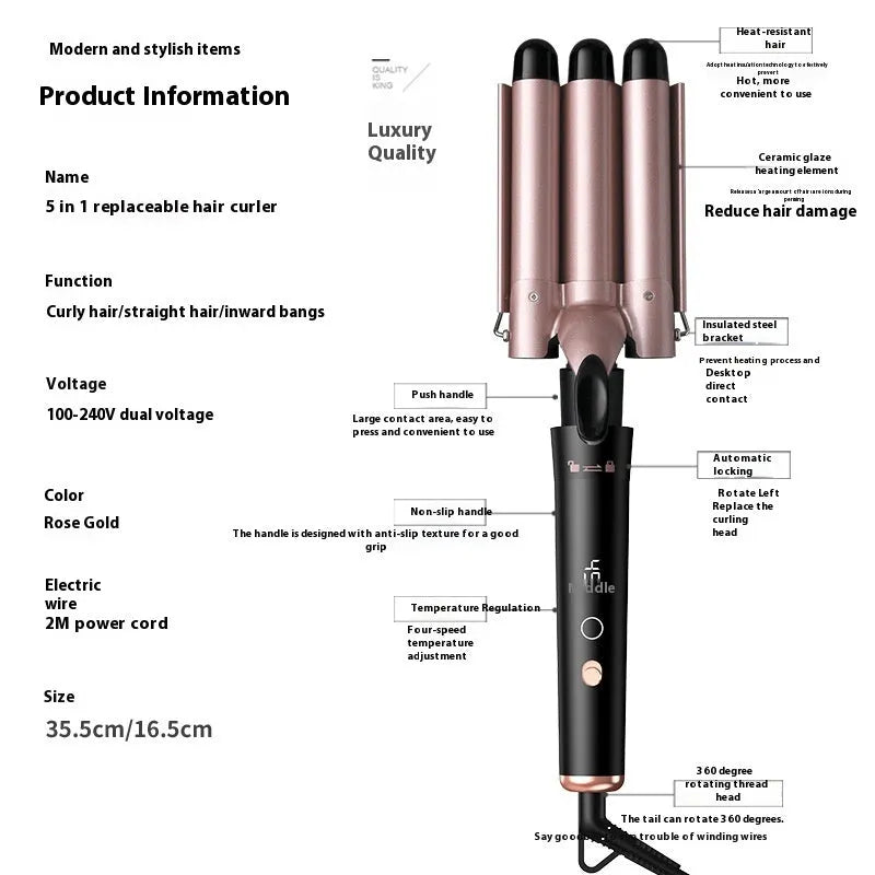 Rose gold five-in-one hair curler with LCD screen and multiple interchangeable curling tubes