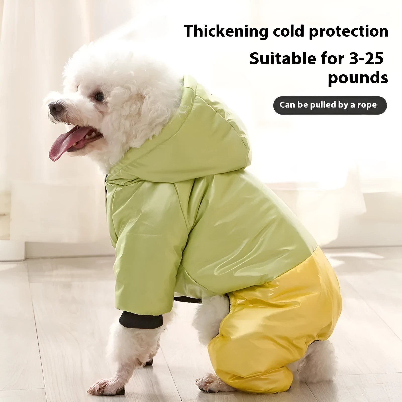 Green waterproof four-legged dog coat with cotton padding for outdoor weather protection