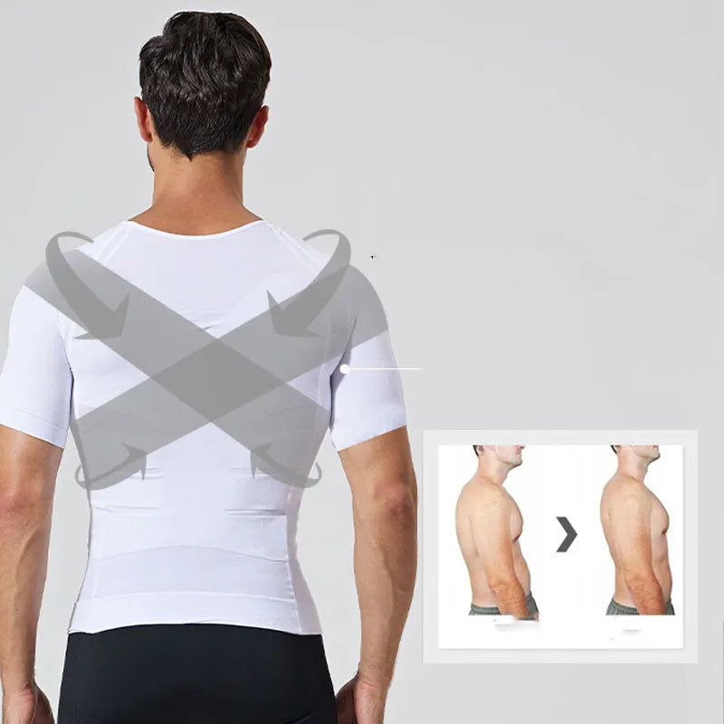 Men's nylon vest shapewear body toning T-shirt in black, blue, or white, sizes M to XXL, 57cm length