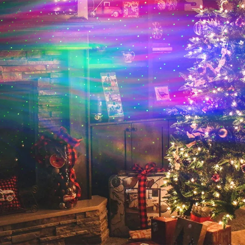 White starlight projector lamp projecting Northern Lights aurora and stars on wall with remote control