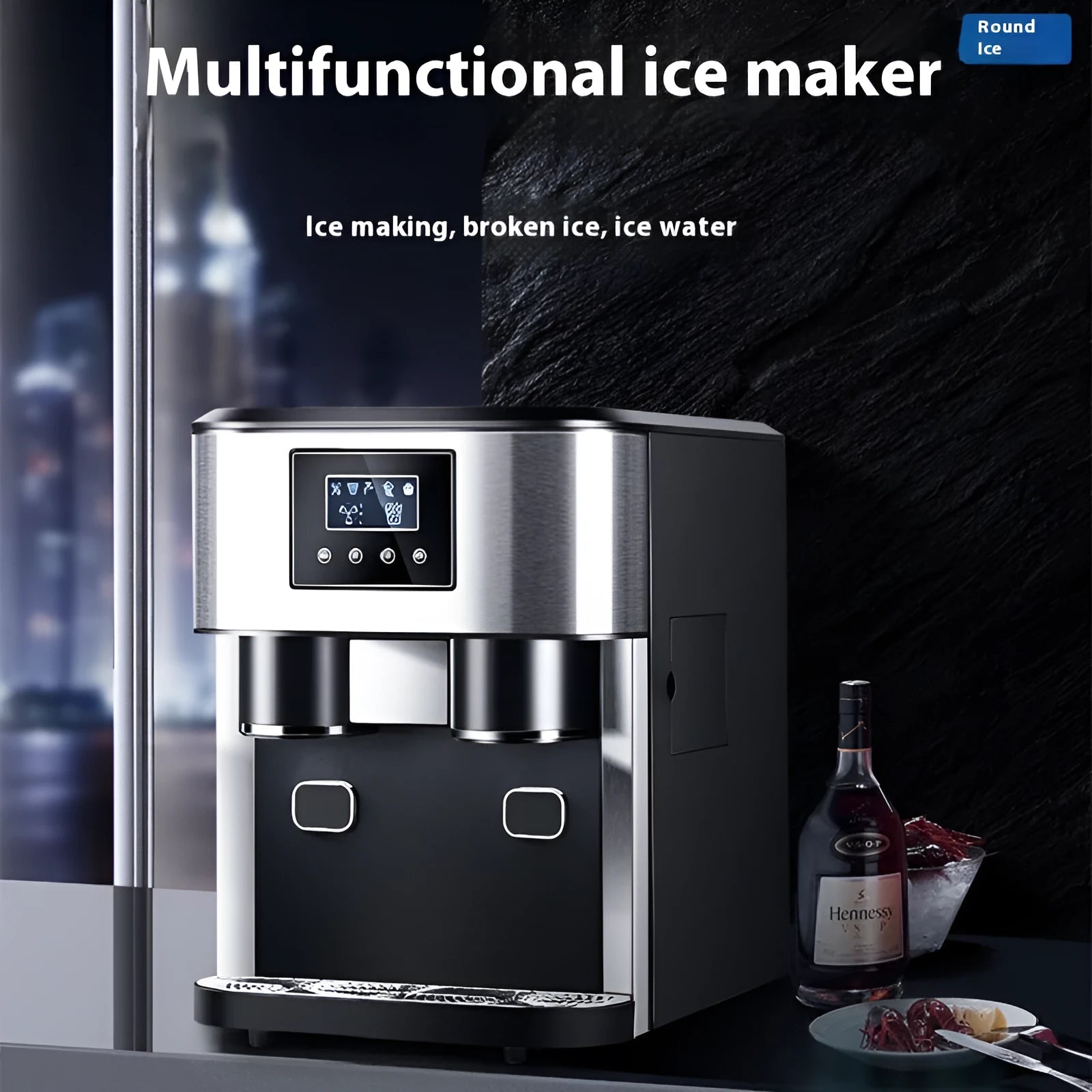 Black desktop ice maker machine with stainless steel interior on a kitchen countertop