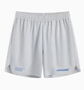 Men's grey fitness shorts with moisture-wicking fabric during workout exercise