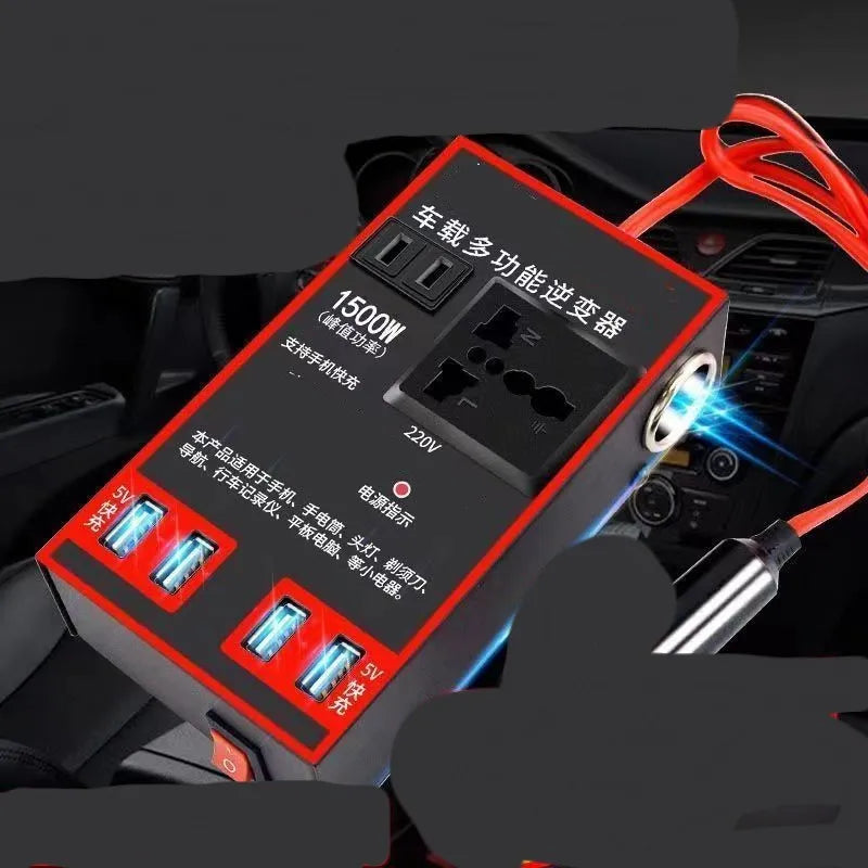 Black car power converter with UK three-pin socket and four USB ports for 12V/24V to 220V conversion