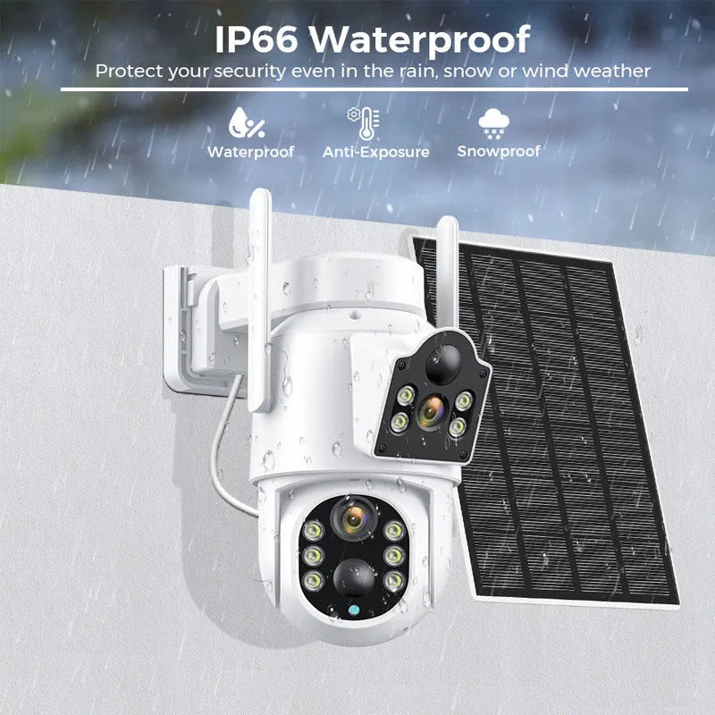 White wireless outdoor security camera with solar panel on a wall bracket.