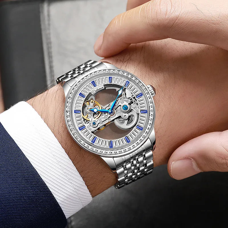Men's luxury zircon waterproof mechanical watch with onion crown and transparent case back on wrist