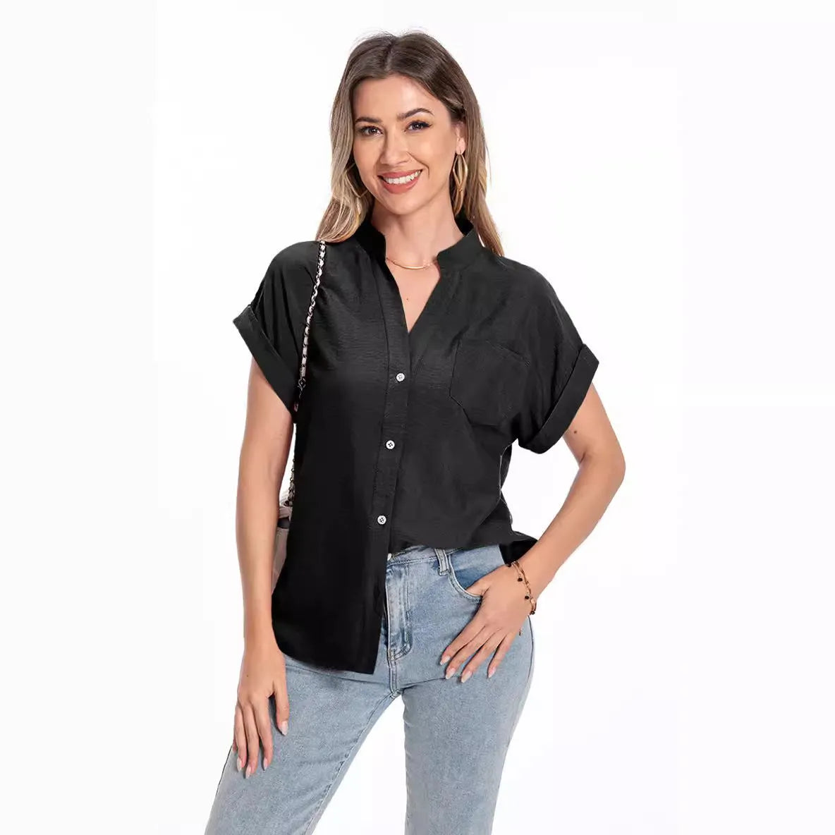 Women's stand collar button summer top in polyester fabric with loose fit