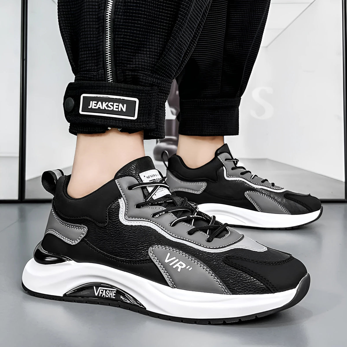 Men's low top running shoes in G718 Black with microfiber upper, EVA platform sole, and front lace-up
