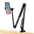 Black foldable metal desktop lazy bracket with tablet clip, showing 360-degree rotation and adjustable cantilever arm