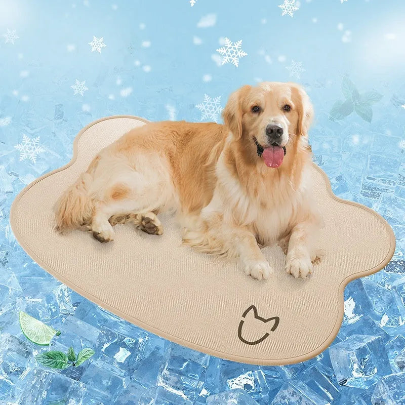 Ice silk dog cooling mat with simple dog head shape design in light grey colour