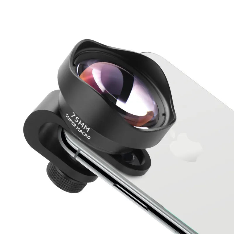 Universal mobile phone macro lens with protective cover and storage bag for close-up photography.