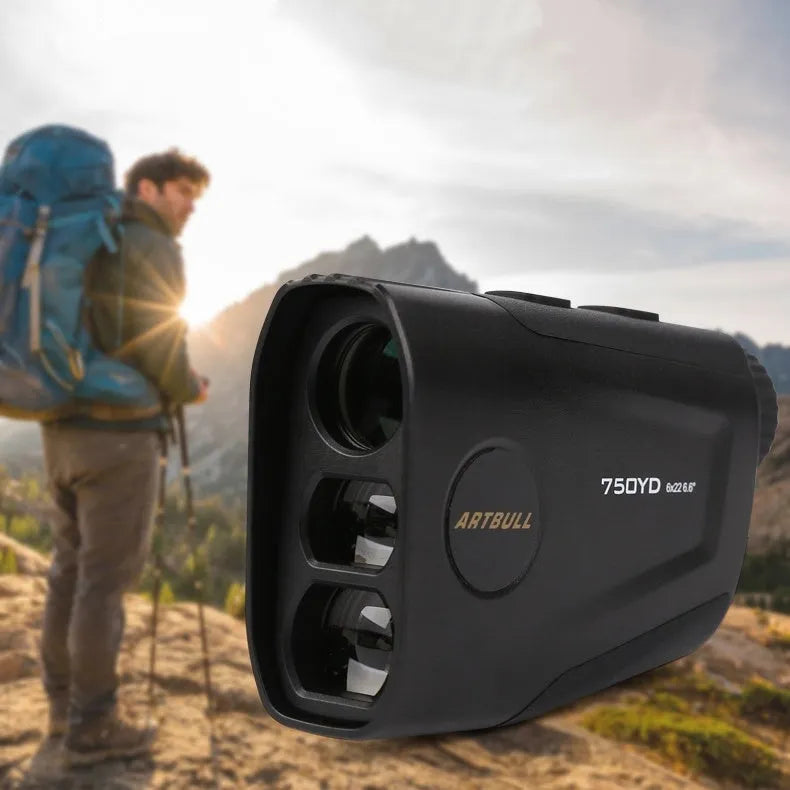 Golf laser rangefinder with LCD display showing distance measurement, flag lock function, and Type-C charging port
