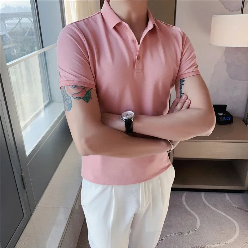 Solid colour polo shirt with lapels in slim Korean fit showing apricot colour option