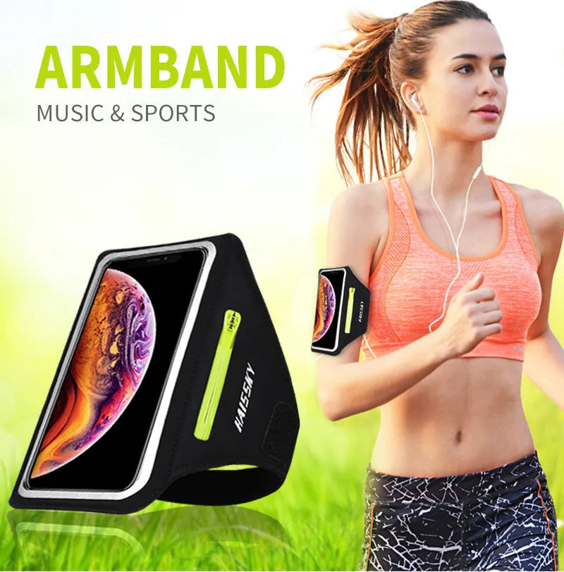 Running sports phone case arm band for iPhone 11 Pro Max X, silicone non-slip with reflective strip and zipper pocket, Black Green Rosered