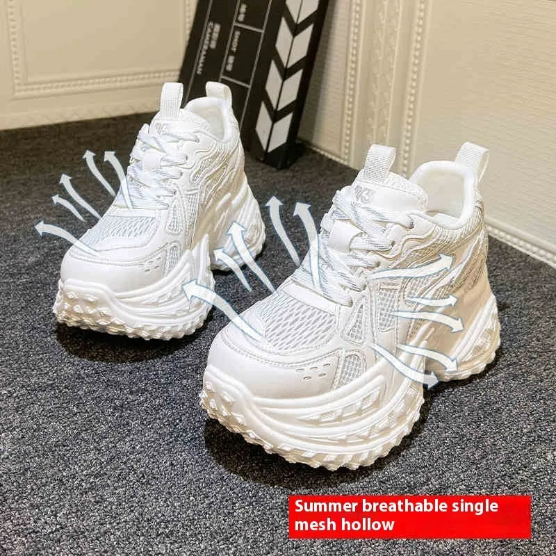 White women's lace-up dad shoes with a round toe and PU leather upper, featuring a hidden height increasing insole.