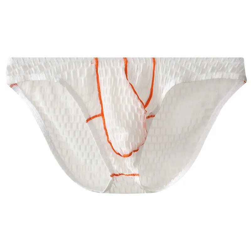 Men's solid colour low waist lace briefs for sports in white, black, green, rose red, and light purple.
