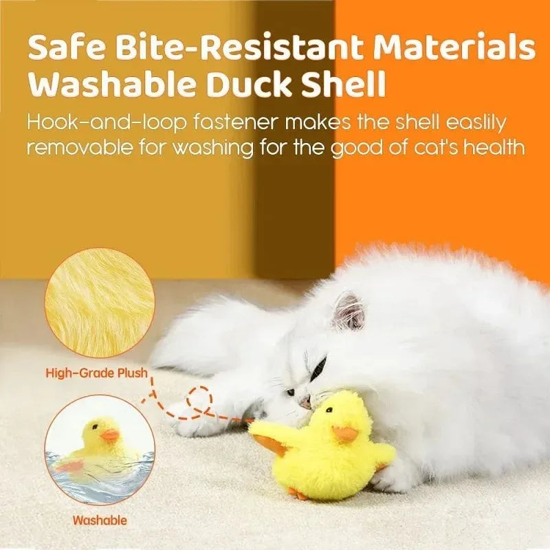 Yellow electric flapping duck cat toy with catnip and vibration sensor on plain background