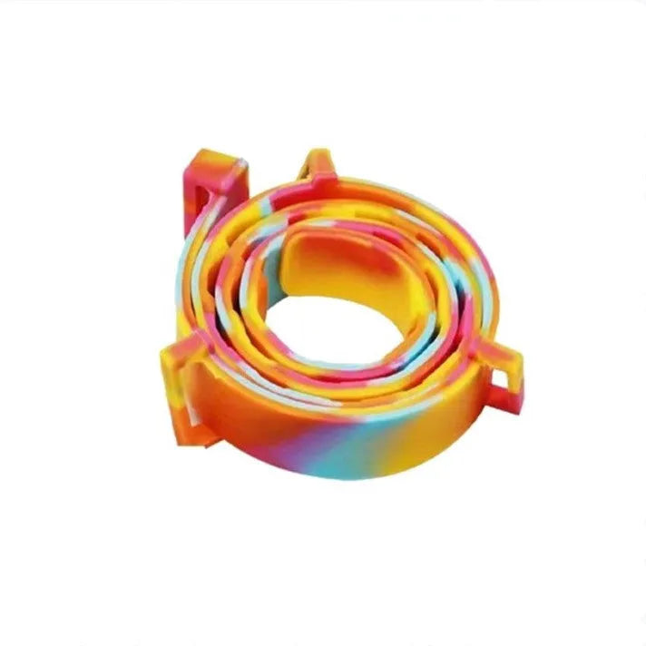 Rainbow-coloured plastic flea and anti-lice collar for cats and dogs, showing 38cm and 62cm size options.