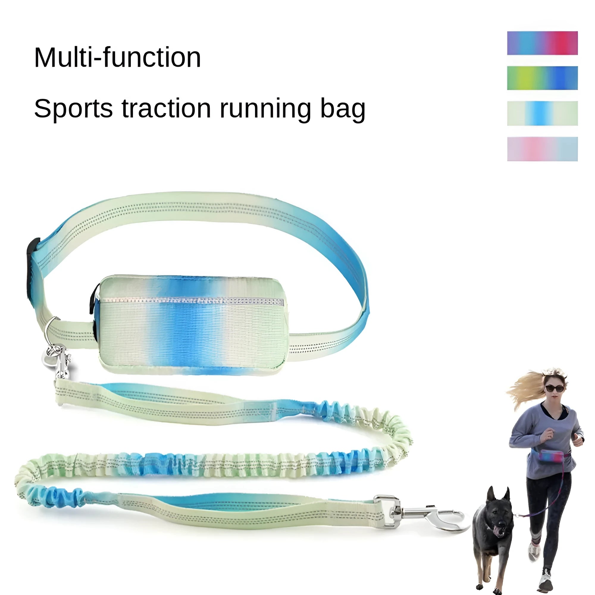 Adjustable hands-free dog leash with waist belt, chest strap, and reflective traction rope in four colour options