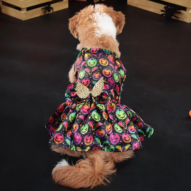 Halloween dog costume with angel wings in bright pumpkin design, showing front closure and wing extension