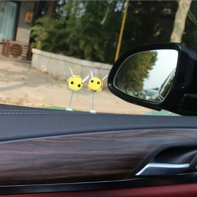 Swing Spring Bee car decoration: 3x3cm fur ball cartoon bee with adhesive backing