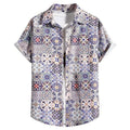 Men's slim fit short sleeve Hawaiian print cardigan shirt in elastic polyester fabric.