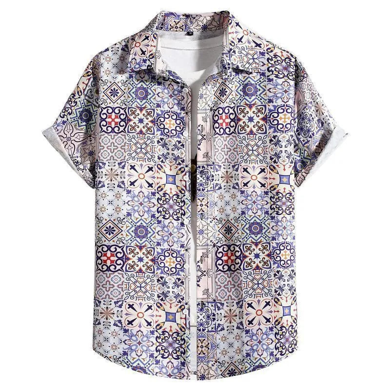 Men's slim fit short sleeve Hawaiian print cardigan shirt in elastic polyester fabric.