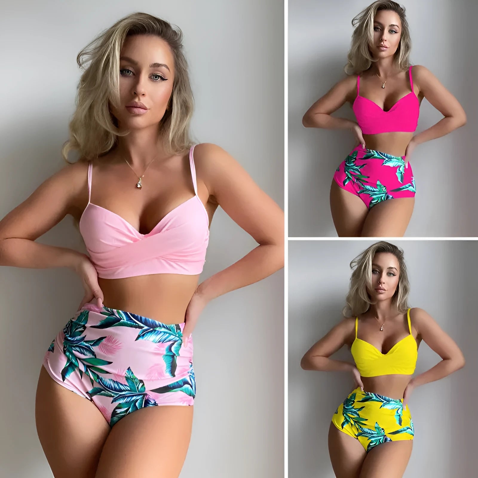 Women's printed high-waist bikini set with push-up top and split shorts in floral pattern