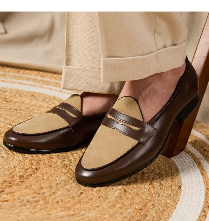 Men's champagne-coloured suede leather loafers with a slip-on design and rubber sole.