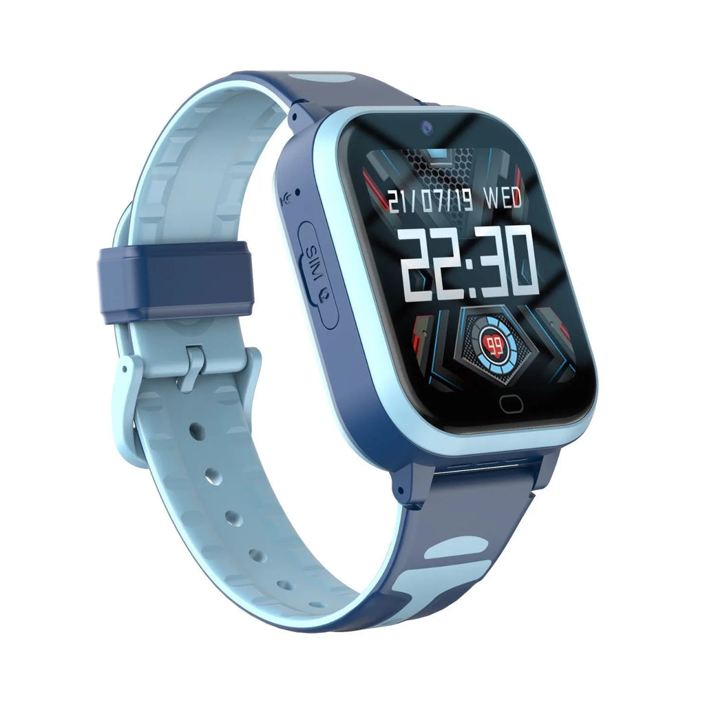 Child's 4G smartwatch with colour touchscreen on a wrist strap in black, blue, or pink