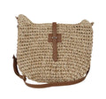 Handmade beige woven shoulder bag with decorative sewing thread details and sandwich pocket