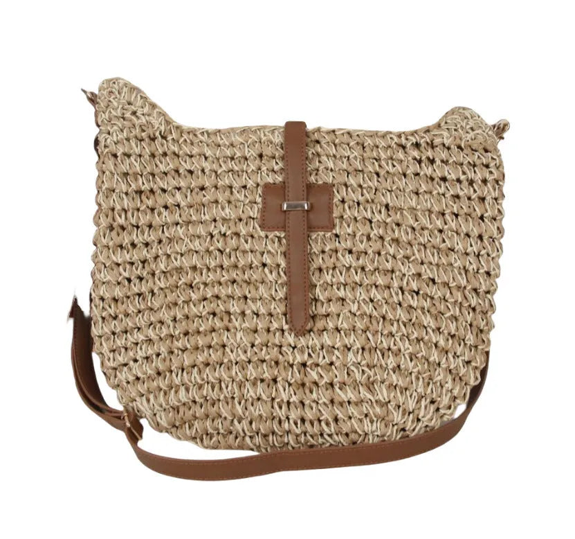 Handmade beige woven shoulder bag with decorative sewing thread details and sandwich pocket