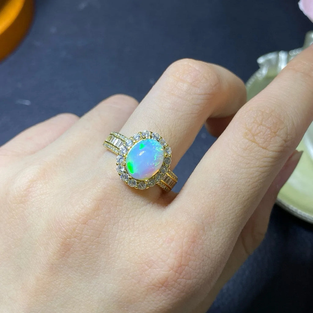 Natural opal handmade ring with adjustable open design in 925 silver with three colour finish options